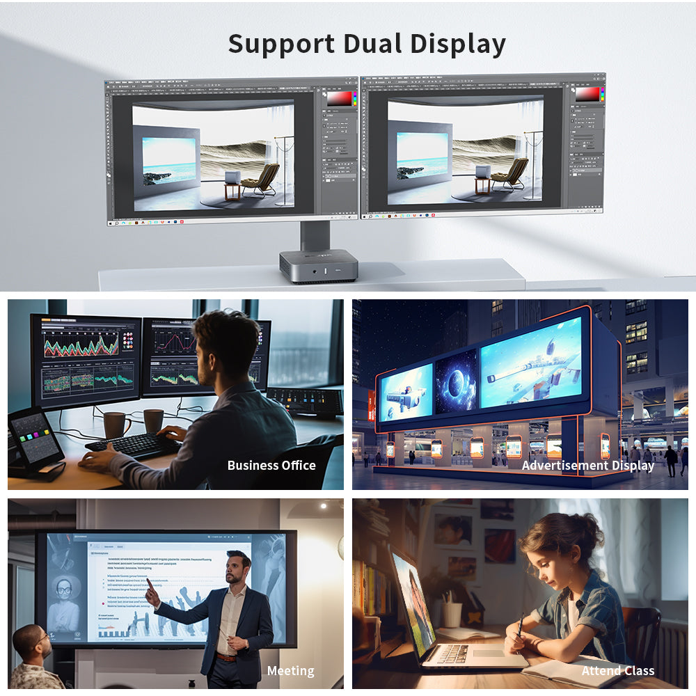Multiple application scenarios for dual-screen display on mini PC with AMD Ryzen 5500U